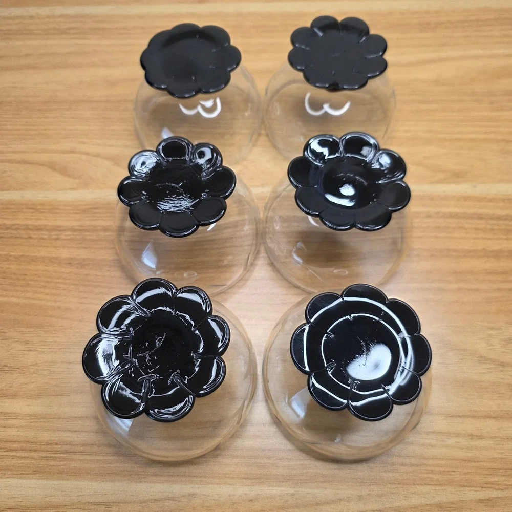 Rare 6 Weston Black Lily Pad Foot Base Champagne Sherbet Glasses Etched Floral